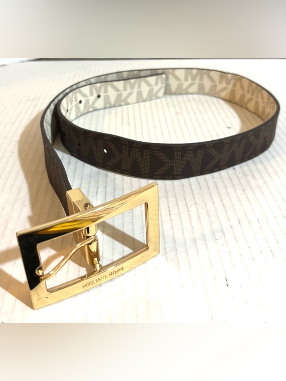 Michael Kors unisex Brown and Beige Reversible Logo Belt with Gold Buckle
